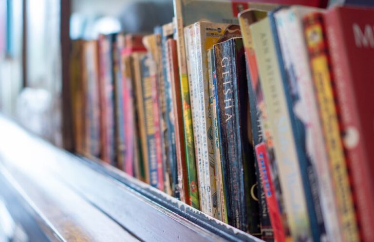A close-up view of various colorful books lined up on a rustic wooden shelf indoors.